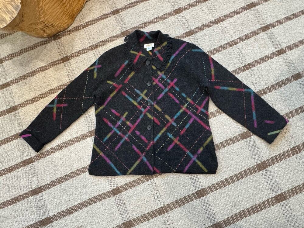 Vintage Talbots Boiled Wool Jacket Artsy Abstract Large Gray Fringe Button Up
